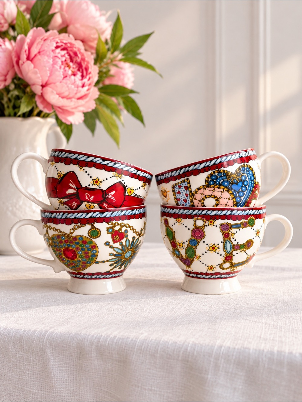 Brighton Set of 4 Ceramic Coffee Tea Cups Mugs - Jewel Heart Bow Love Pedestal